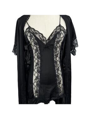 Vintage 70s Sears Black Lace Lingerie Set Robe Slip Dress Small Coquette Goth